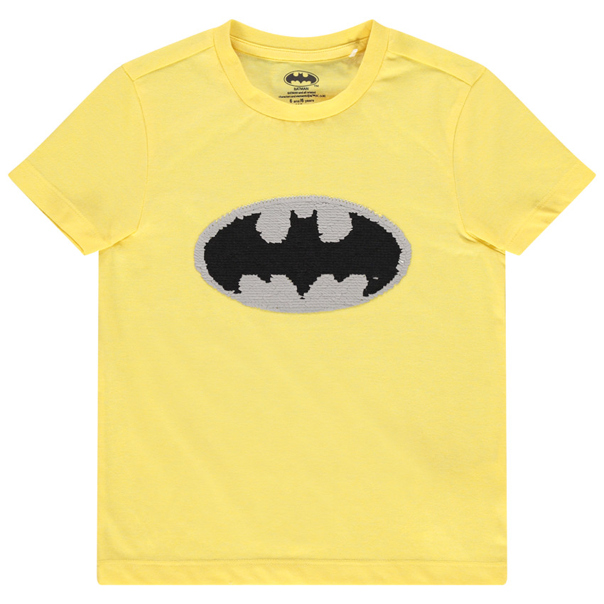 camiseta mangas cortas con logo Batman y lentejuelas magicas 