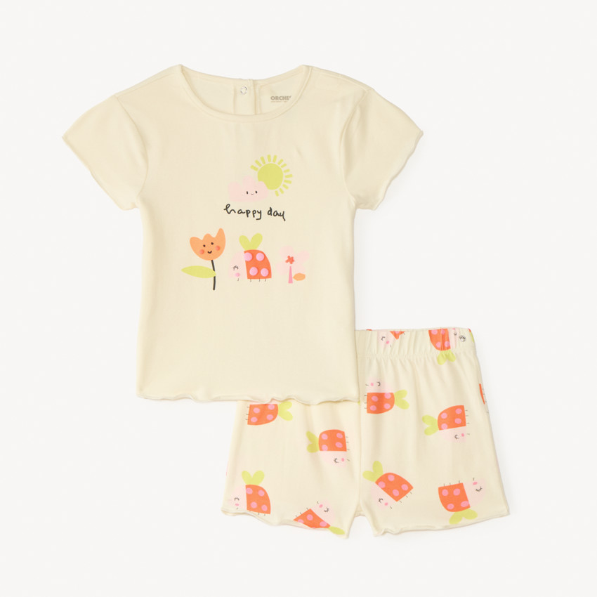 Conjunto de pijama de 2 piezas con camiseta + short de estampado de mariquita para niña. 