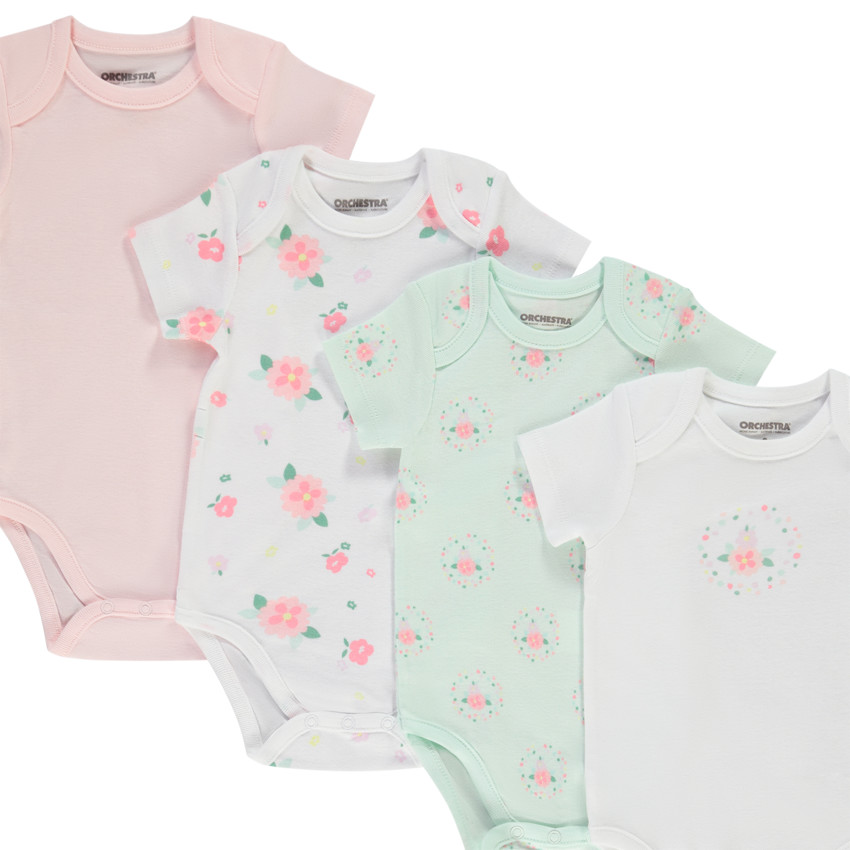 Pack de 7 bodies de manga corta unis y con estampado floral para bebé niña 