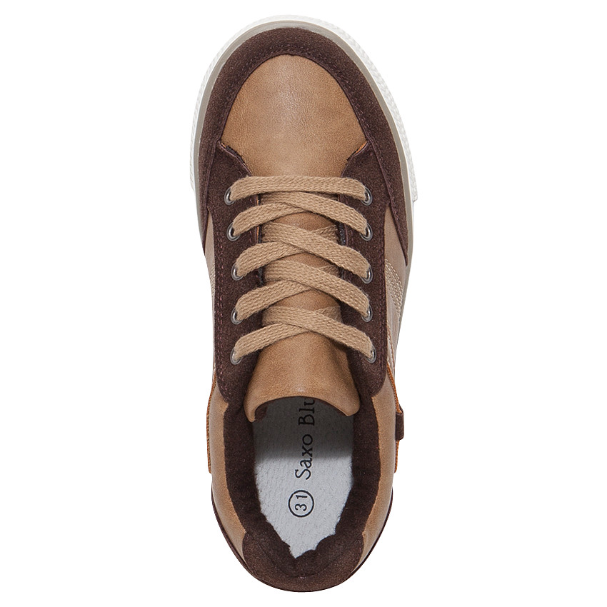 Deportivas bajas en dos materiales con cordones chocolate y camel 