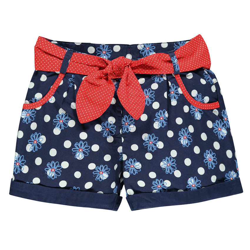 Short cinturón para anudar de tela con estampado de puntos y flor 