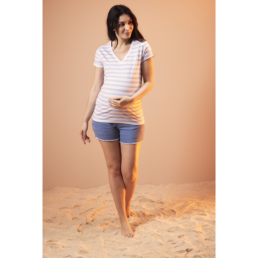 Camiseta de embarazo de manga corta en punto flameado con rayas 