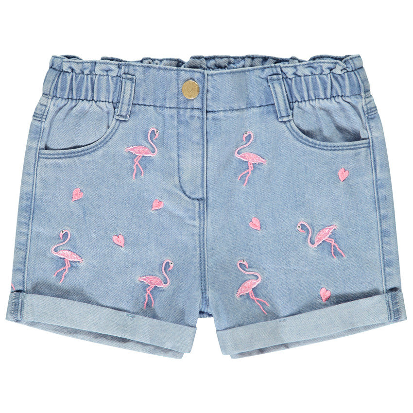 Short uni de mezclilla con flamencos rosas bordados para niña 