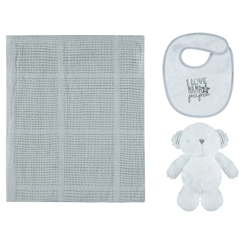 set regalo de nacimiento con manta, babero y peluche 