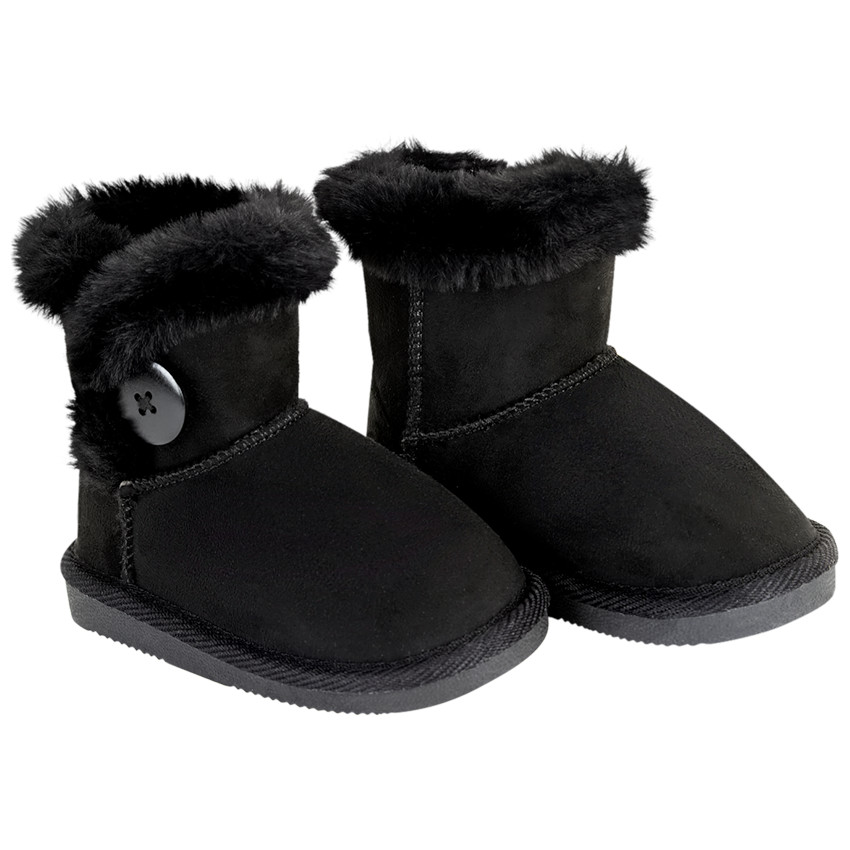 Botines negros de ante con detalles de pelaje y botón decorativo para niña 