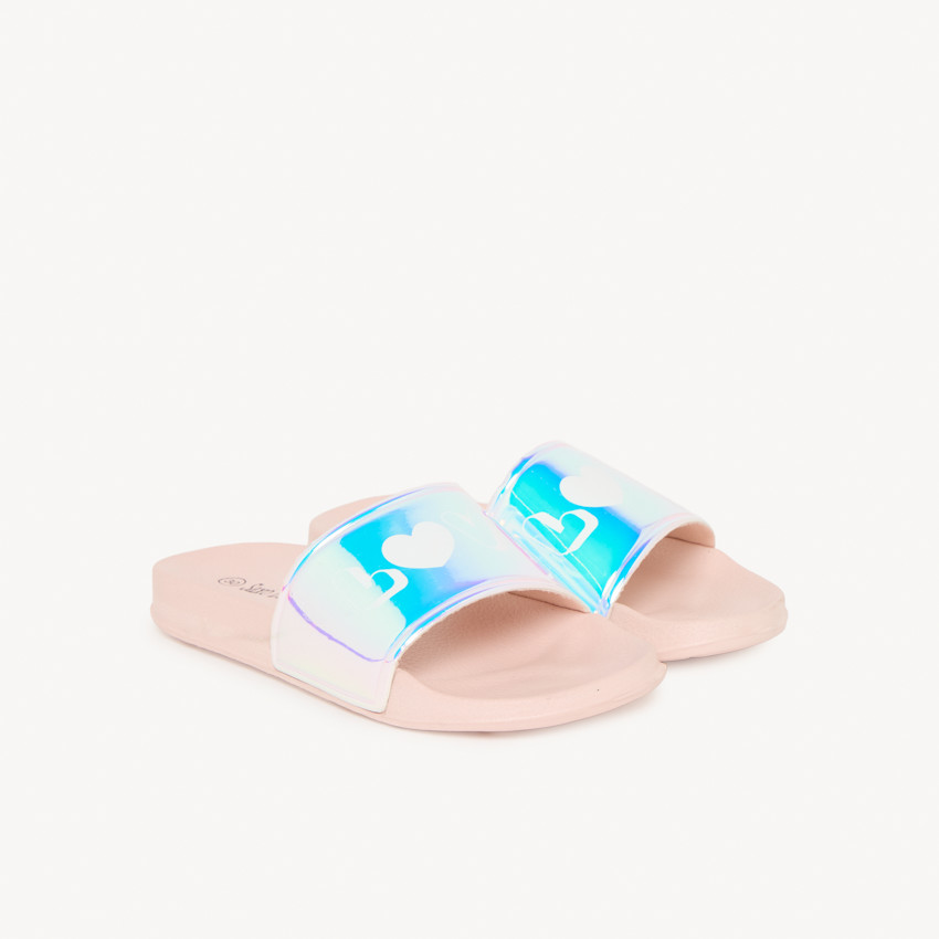 Mules con correa iridiscente y estampado Love para niña 