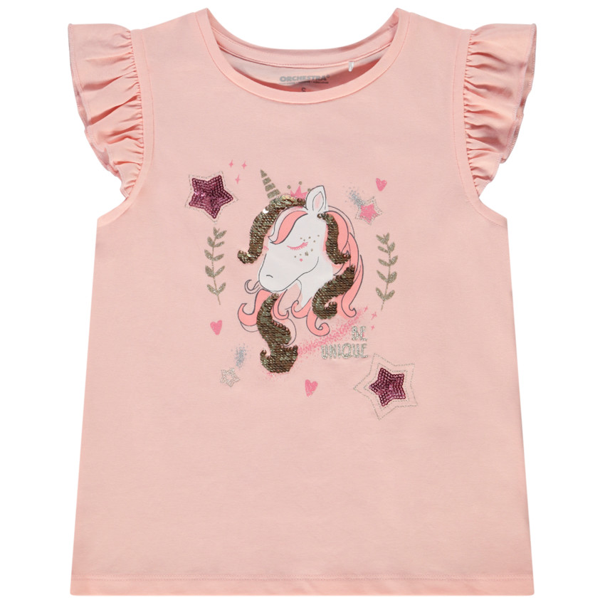 Camiseta manga corta con volantes en jersey estampado unicornio para niña 