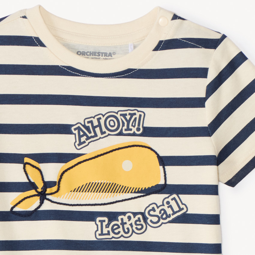 Camiseta de manga corta a rayas con estampado de ballena para bebé niño. 