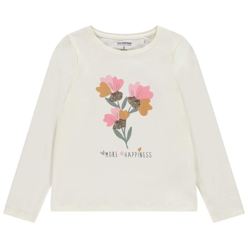 Camiseta de manga larga estampado flores con detalles de lentejuelas niña 