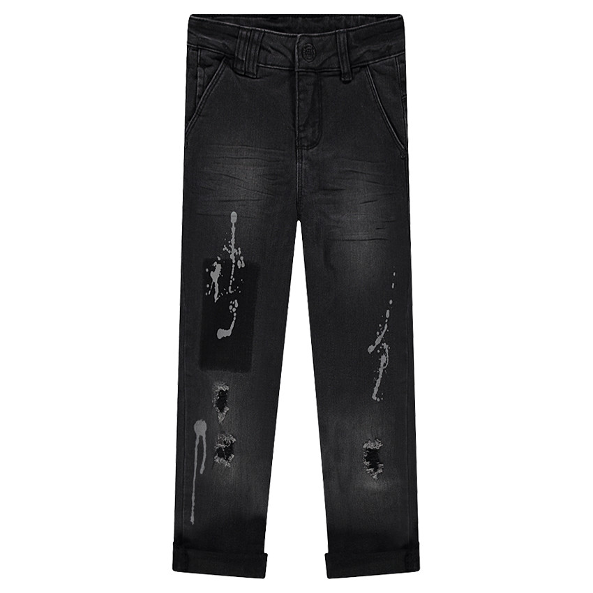 Júnior - Vaqueros de efecto usado y arrugado con zonas desgastadas y manchas de pintura 