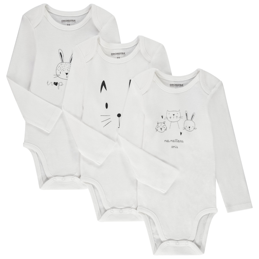 Pack de 3 bodies de manga larga para bebé con diferentes aperturas según la edad. 