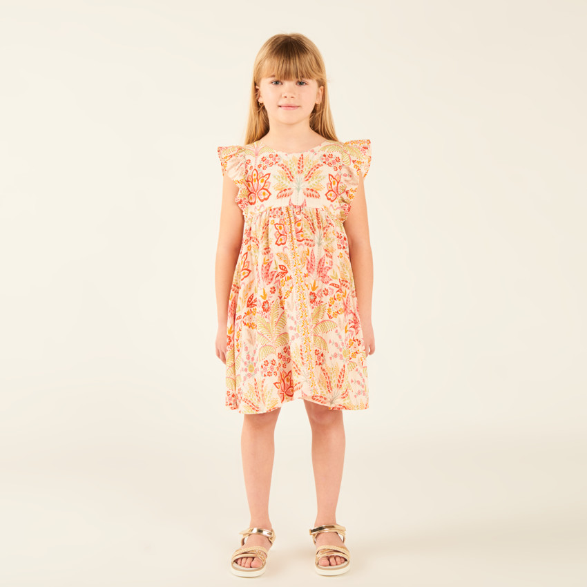 Vestido de niña de manga corta con volantes y estampado fantasía. 