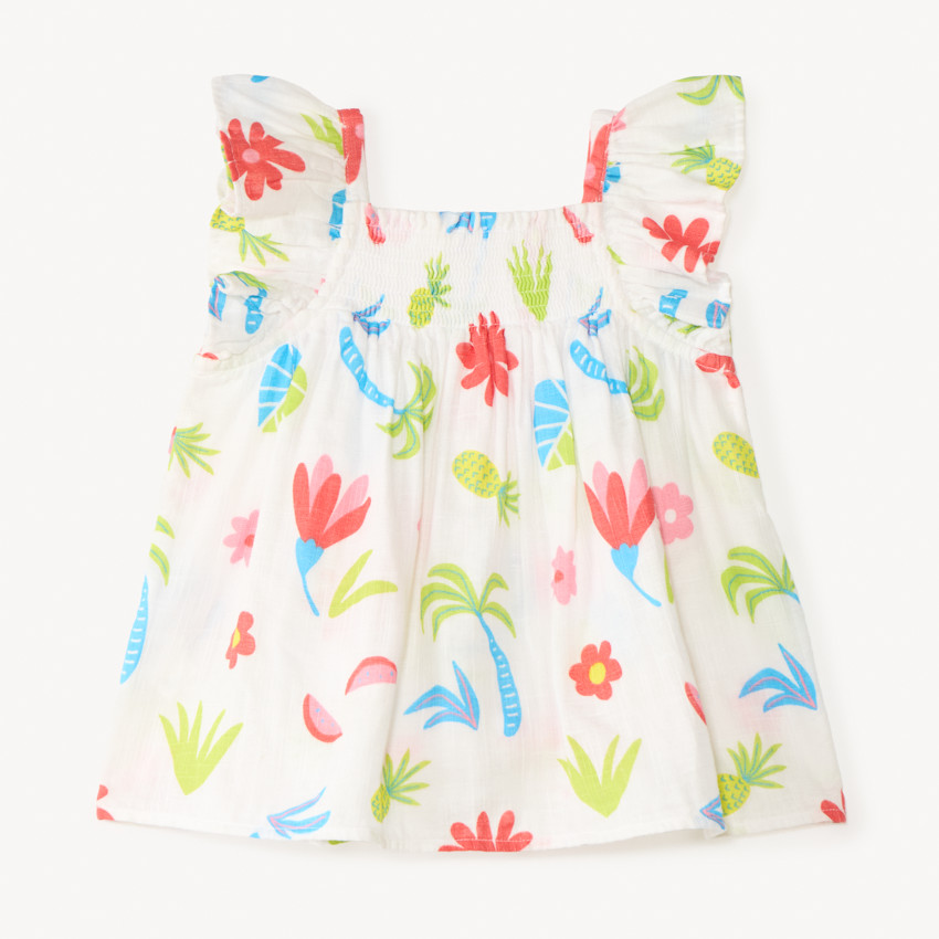 Túnica de tirantes con volantes y estampado tropical colorido para niña 