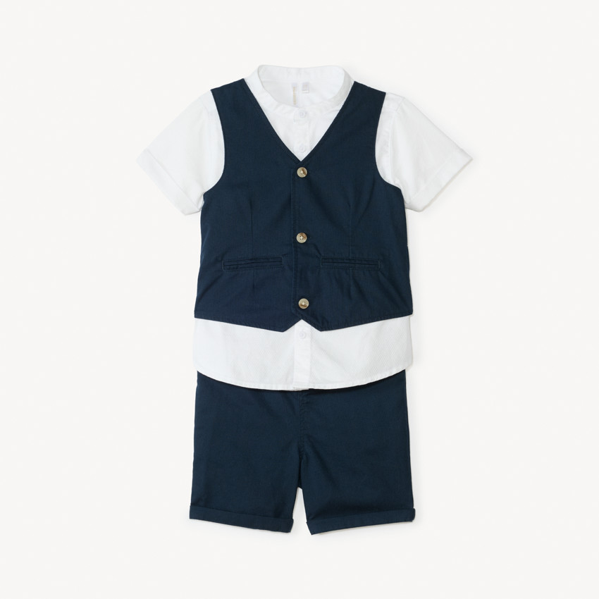 Conjunto corto de 3 piezas: camisa de manga corta + chaleco + bermudas para bebé niño. 