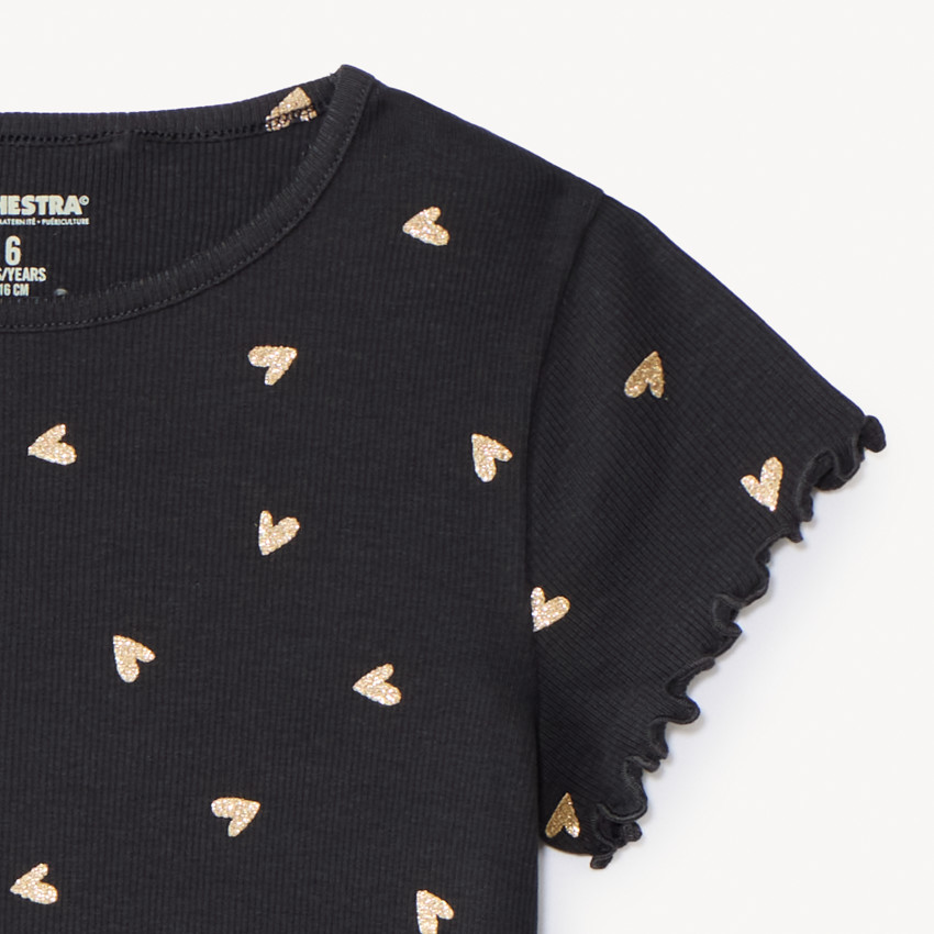 T-shirt manches courtes côtelé imprimé cœurs pailletés pour fille 