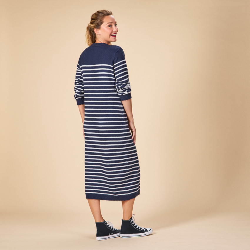 Vestido de punto rayado con cuello de pico para mujer 