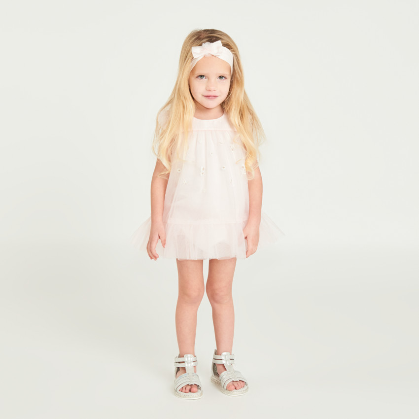 Vestido de tul con flores en 3D + diadema con lazo de tul para niña bebé 