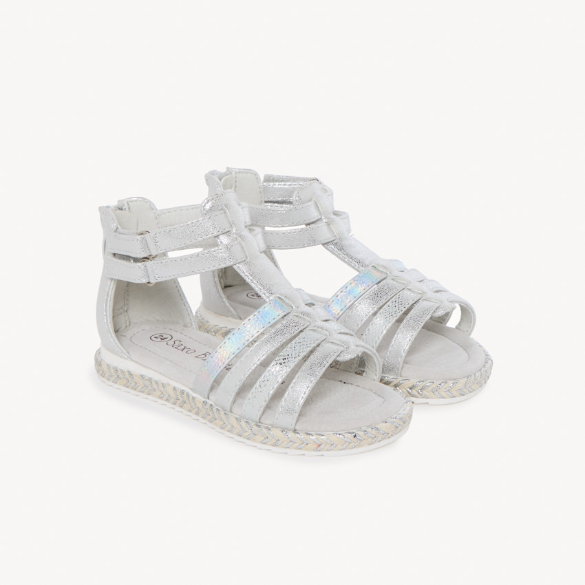 Sandalias plateadas texturizadas con cremallera y doble velcro para niña 