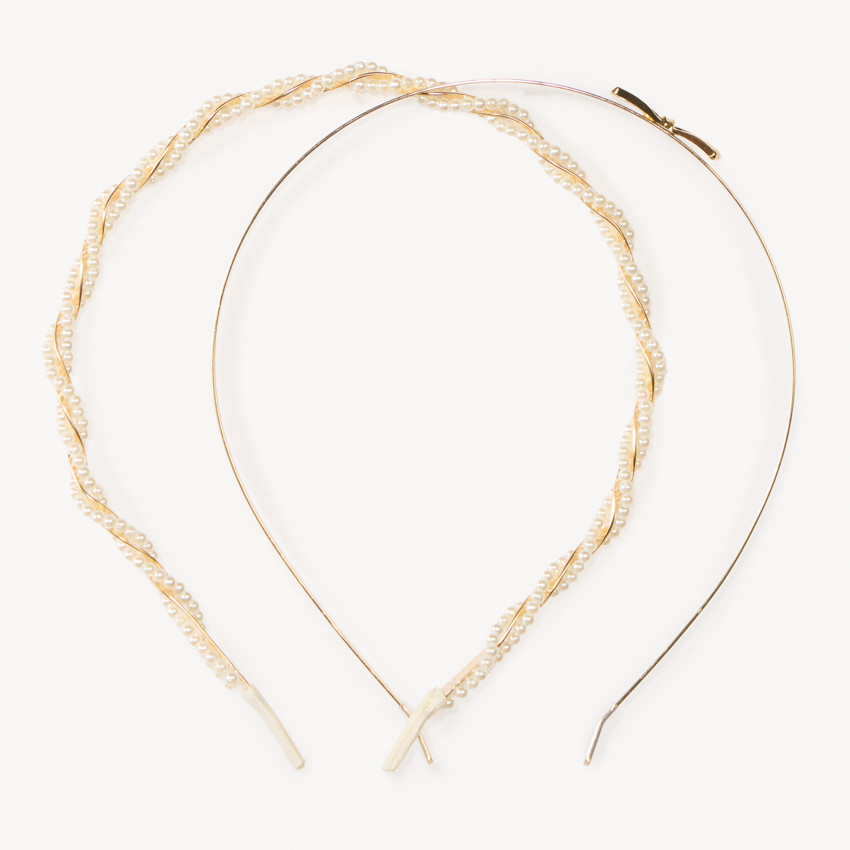 Lote de 2 diademas decorativas doradas y con perlas para niña 