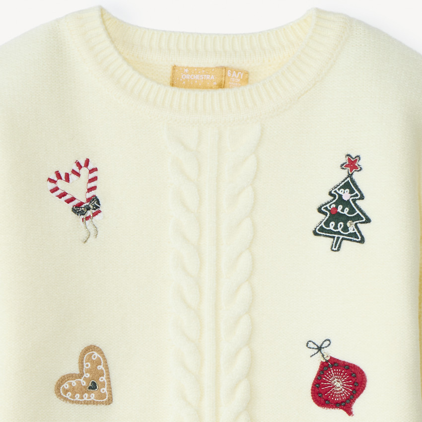 Pull manches longues en tricot fantaisie et broderie Noël pour fille  
