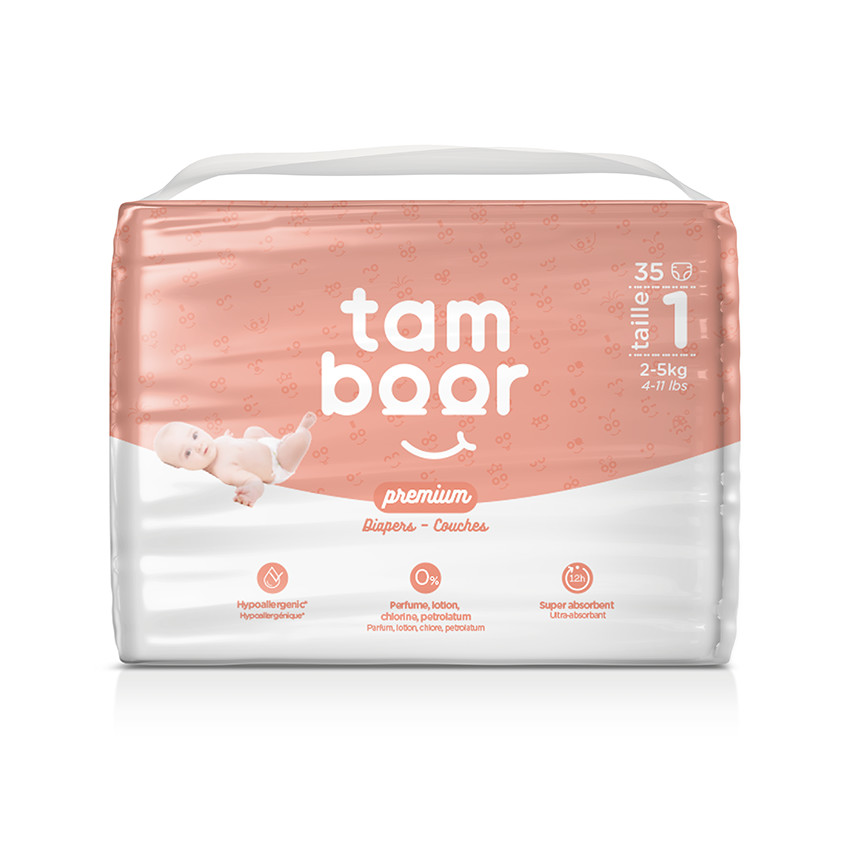 Pañales Premium T1 recién nacido (2-5kg) – x35: Tamboor Premium: uno de los primeros pañales del mundo con la certificación OEKO-TEX® Made in Green, que te garantiza unos pañales 100% seguros. RESPETUOSOS CON LA PIEL DE TU BEBÉ Y CUENTAN CON LA CERTIFICACIÓN OEKO-TEX® MADE IN GREEN: - Cero sustancias nocivas: nuestros pañales están garantizados sin sustancias químicas. Están fabricados con materiales cuidadosamente seleccionados que respetan la delicada piel de tu bebé. 