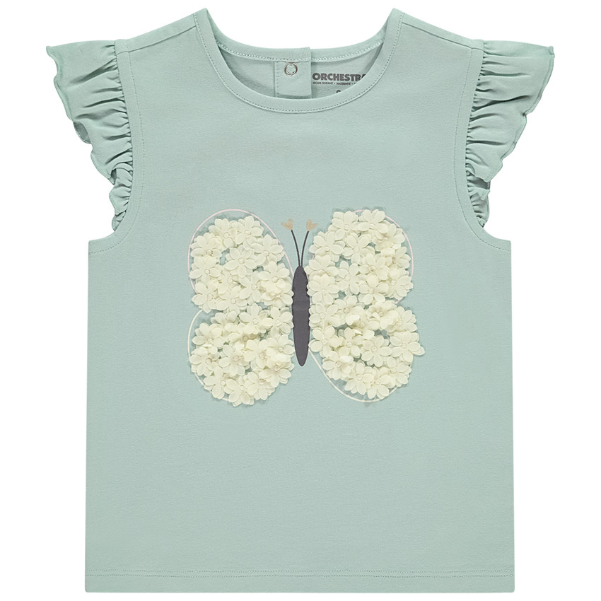 Camiseta de manga corta con volante y mariposa de flores 3D para niña bebé 