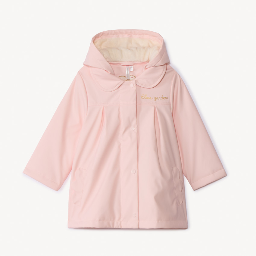 Parka de goma lisa rosa con capucha desmontable para bebé niña 