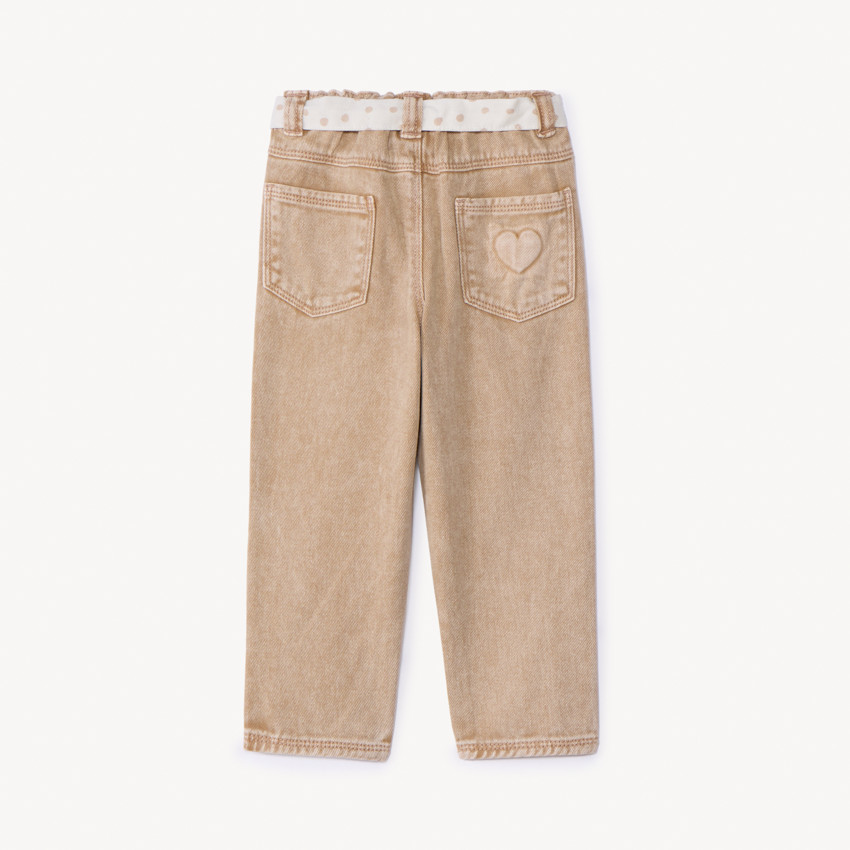 Jean efecto desgastado con cinturilla para atar para niña bebé. 
