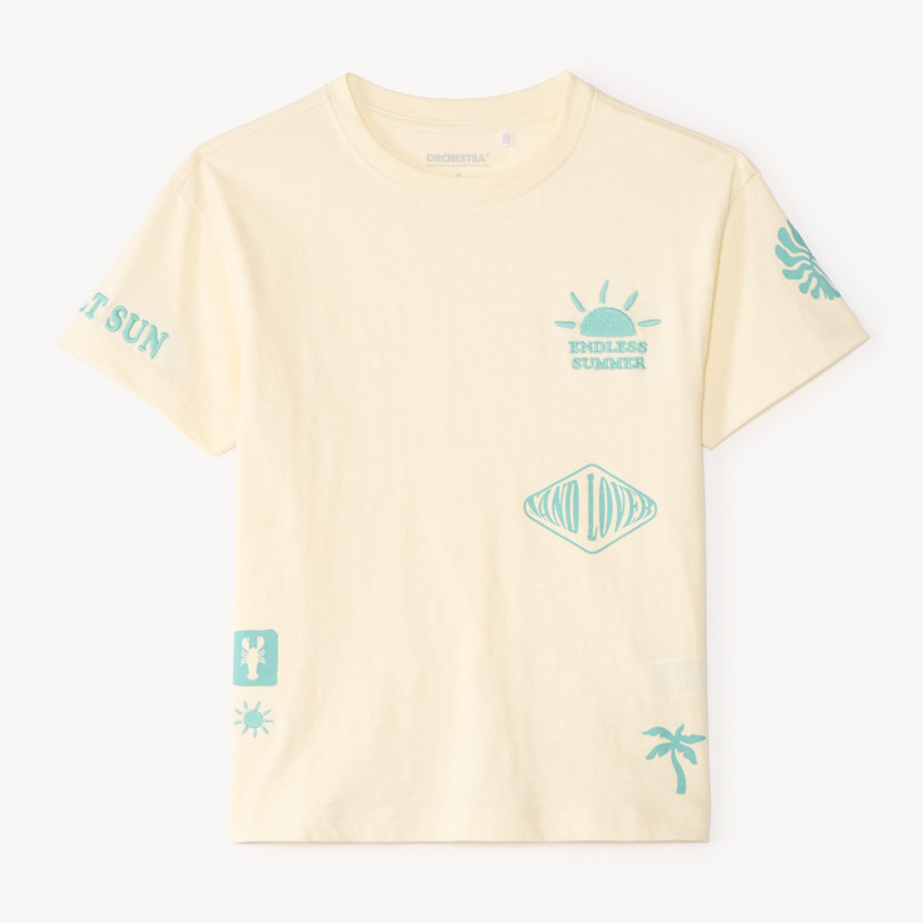 Camiseta de manga corta oversize con estampado y bordado divertido para niño. 