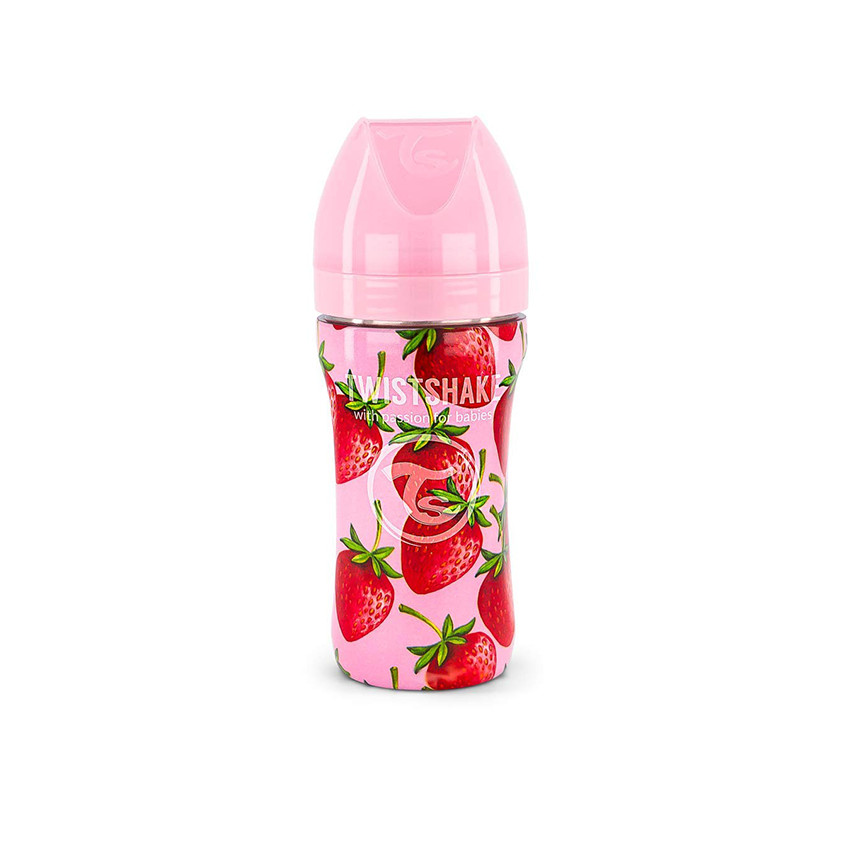 Biberón anticólicos de acero motivo fresas 330 ml 
