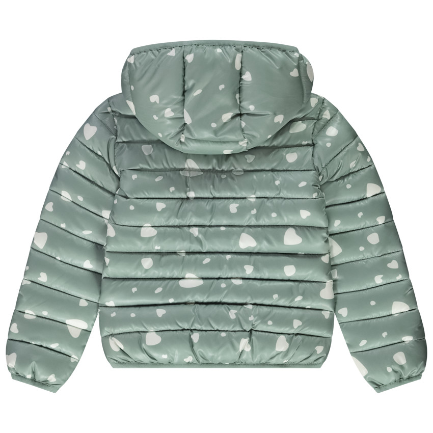 Plumífero ligero con capucha y estampado de corazones para niña 