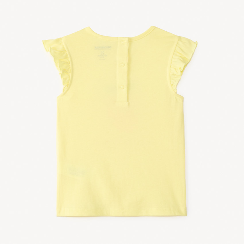 Camiseta de manga corta con volantes y estampado de fresa con flores en relieve para niña bebé. 