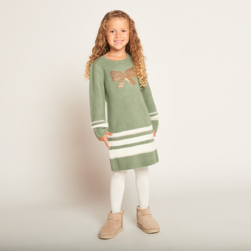 Vestido de manga larga de punto con lentejuelas decorativas para niña 