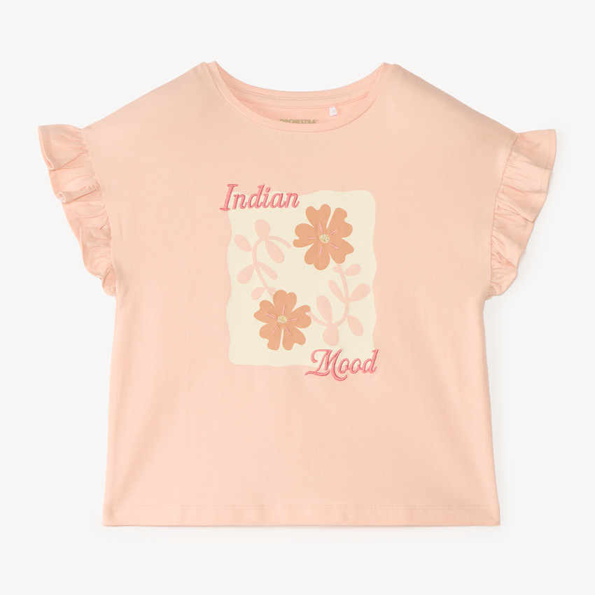 Camiseta de manga corta con volantes y estampado floral para niña 