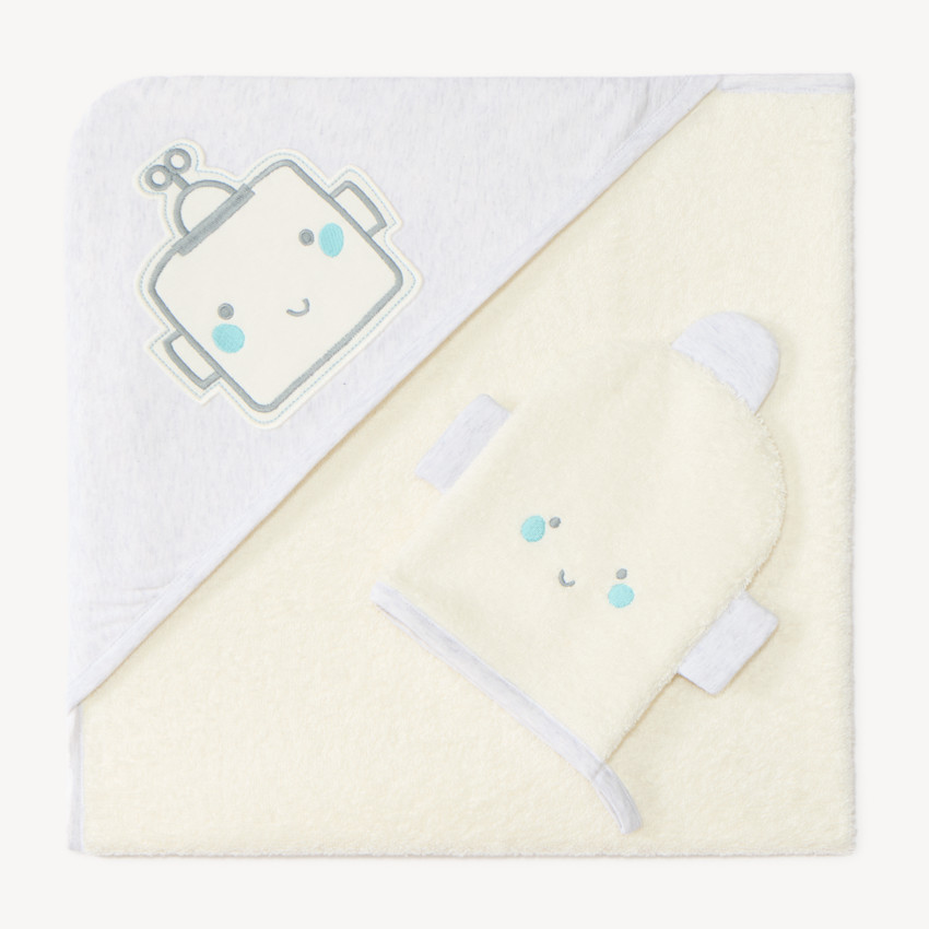 Set de baño con capa y toalla de manos con motivo de robot. 