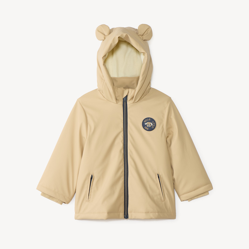 Parka de goma para bebé niño forrada de micropolar con capucha con orejas. 