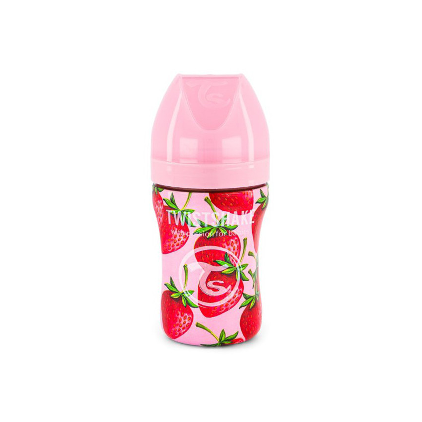 Biberón anticólicos de acero motivo fresas 260 ml  