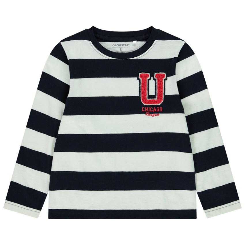 Camiseta de manga larga a rayas con parche de bucle para niño 