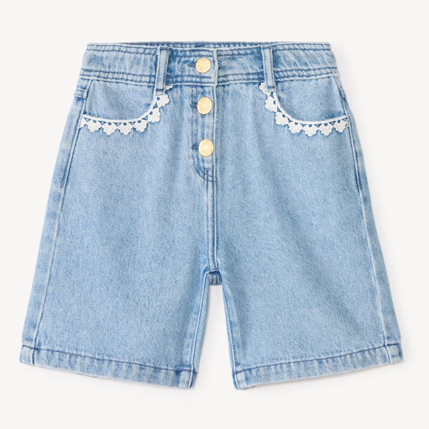 Short de mezclilla con bordado y cintura ajustable para niña. 