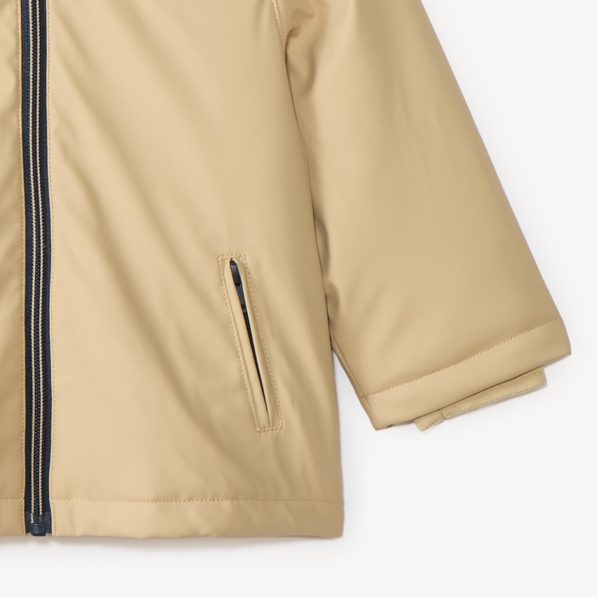 Parka de goma para bebé niño forrada de micropolar con capucha con orejas. 