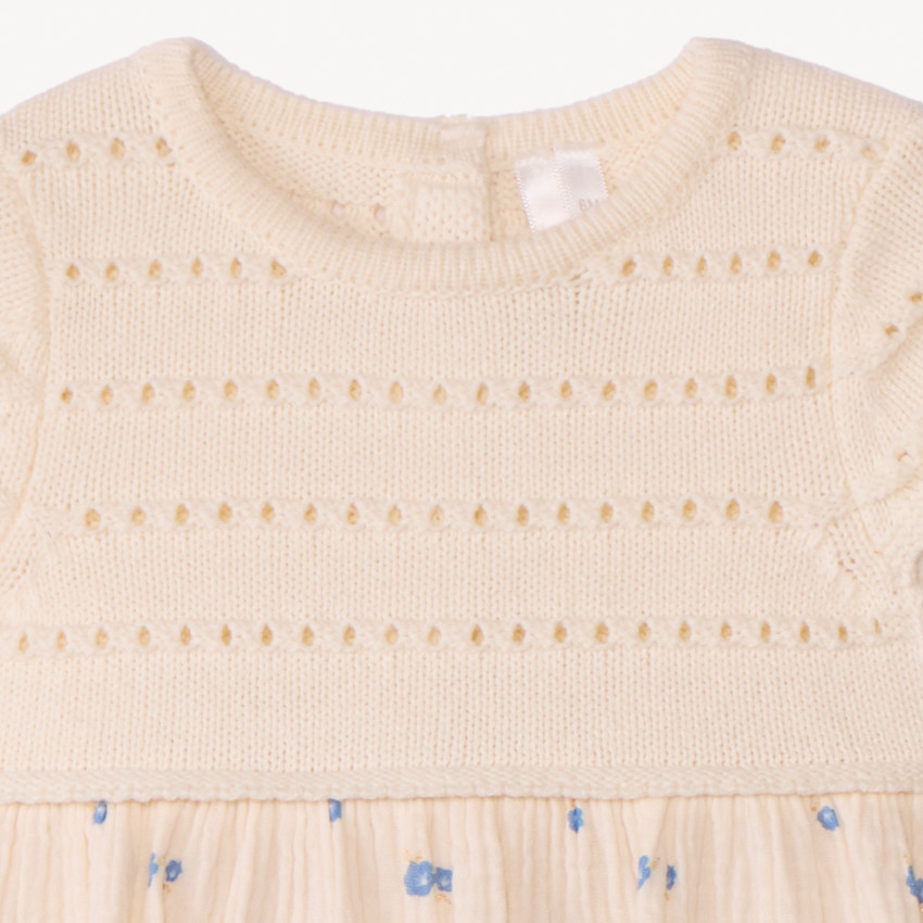 Vestido de manga corta efecto 2 en 1 de dos materiales para bebé niña 