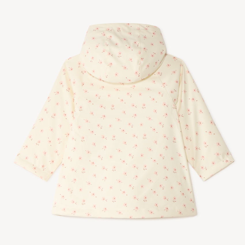 Parka de goma con capucha y estampado de flores para niña. 