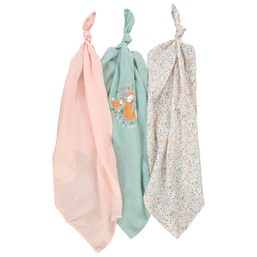 Pack de 3 langes de algodón con estampado de animales del bosque  Additional Pack de 3 langes de algodón con estampado de animales del bosque