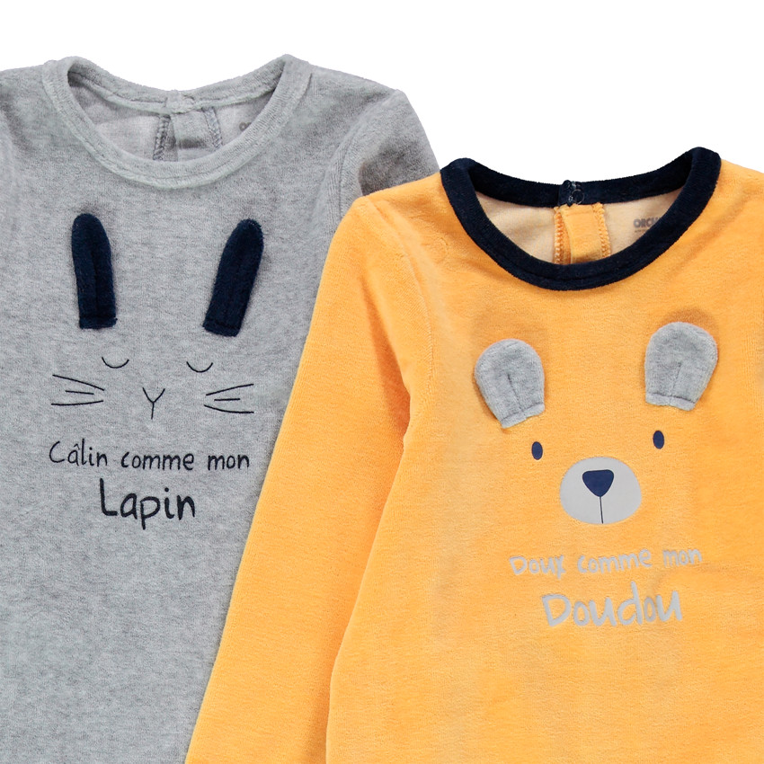 Juego de 2 pijamas de terciopelo con animales estampados y orejas de relieve  Additional Juego de 2 pijamas de terciopelo con animales estampados y orejas de relieve