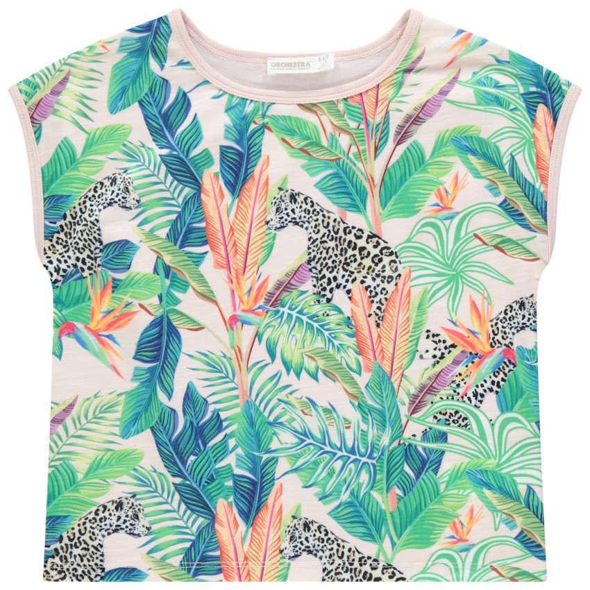 Camiseta manga corta estampado vegetal y leopardos 