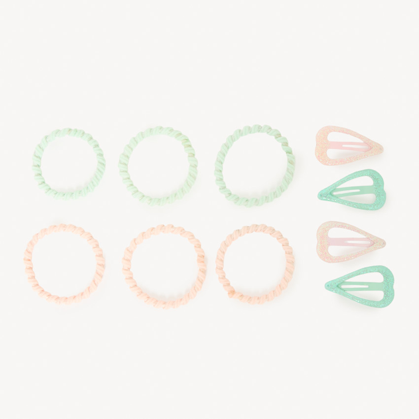 Conjunto de 4 horquillas + 6 gomas de fantasía para niña 