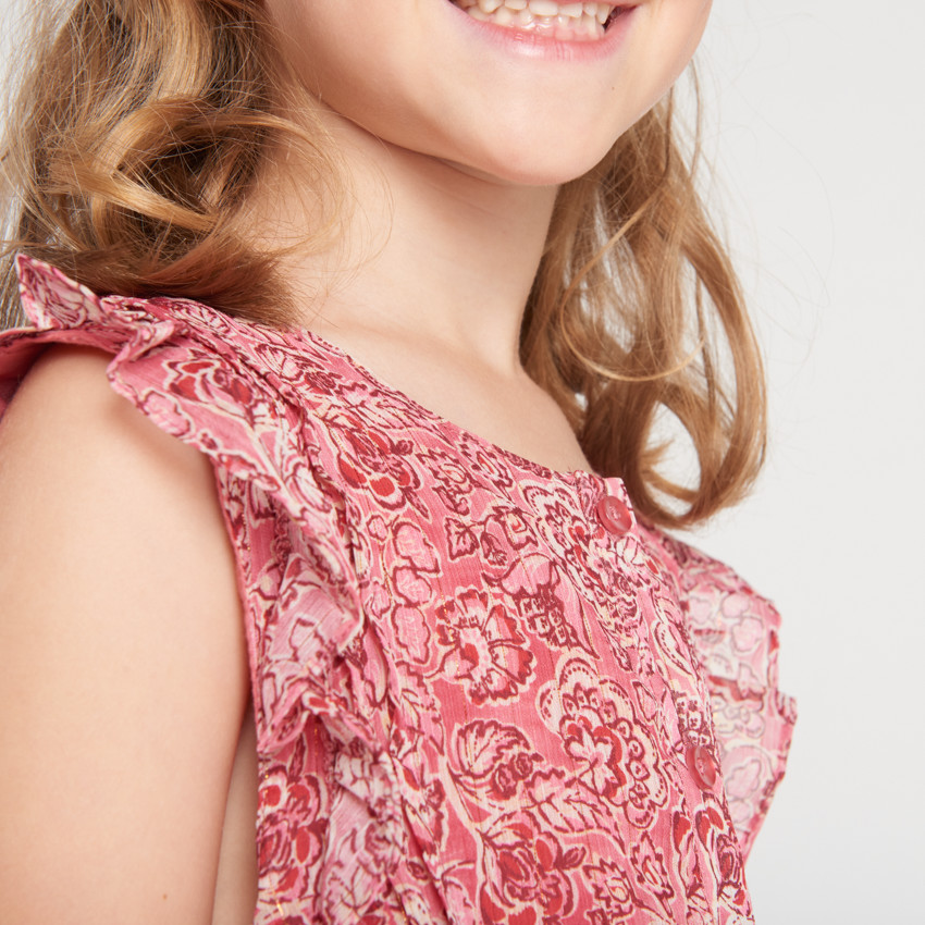 Vestido de manga corta con volantes y estampado rosa para niña 