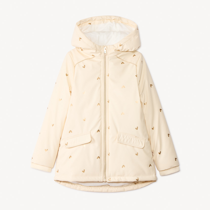 Parka de goma y terciopelo con estampado de corazones iridiscentes para niña 