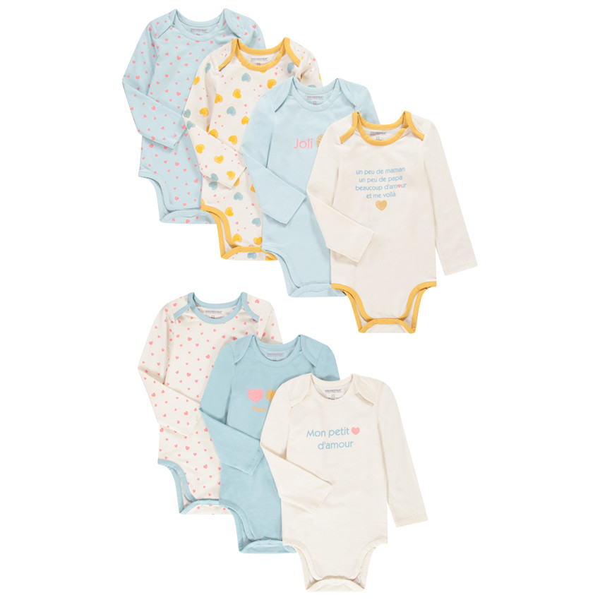 Pack de 7 bodies de manga larga en jersey con estampados variados para bebé niña 