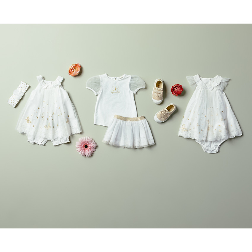Robe de cérémonie à papillons dorés pailletés et bloomer 